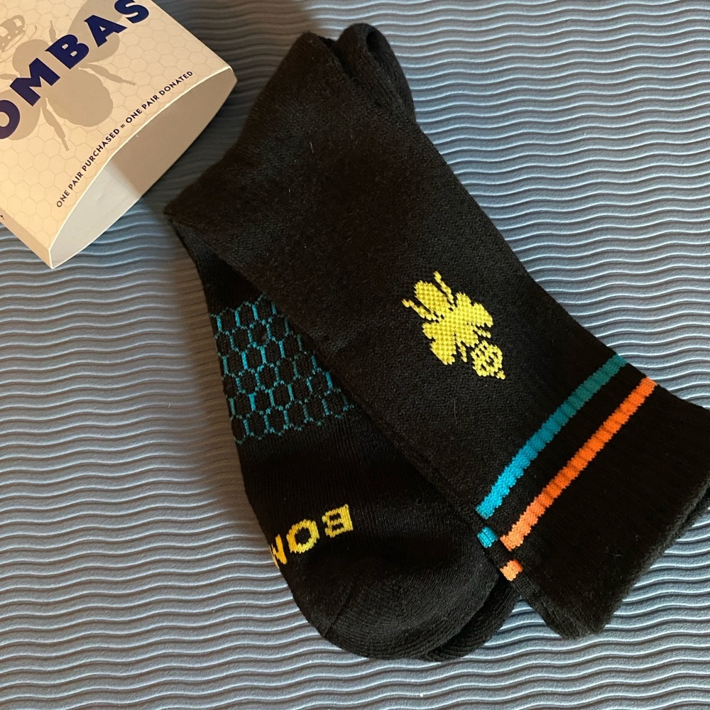 Bombas Women’s Black Crew Socks with Yellow Bee Logo and Accent Stripes